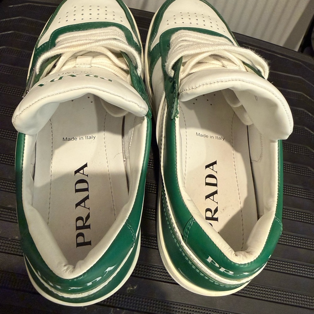 Prada White and Green Leather Sneakers - Picture 4 of 8